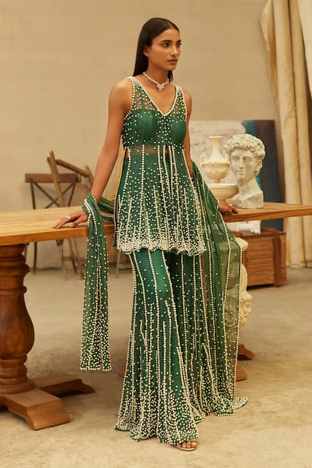 Mehul Gupta_Green Net Pearls V-neck Hand Embroidered Kurta Sharara Set _at_Aza_Fashions