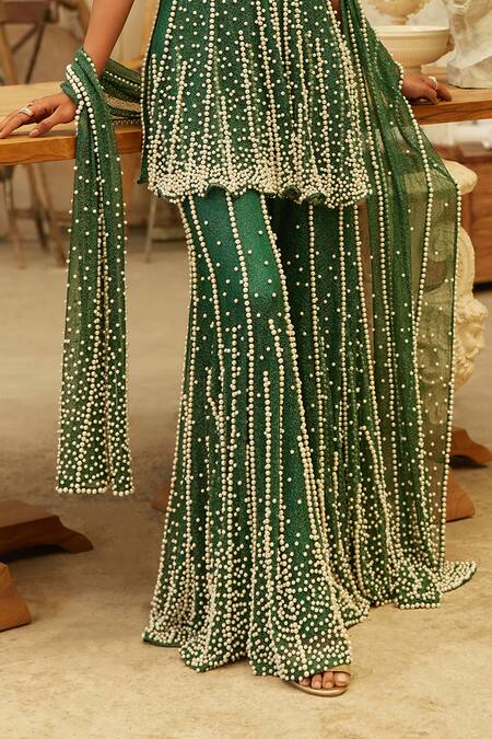 Shop_Mehul Gupta_Green Net Pearls V-neck Hand Embroidered Kurta Sharara Set 