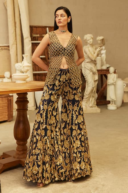 Mehul Gupta Gold & Blue Hand Embroidered Kurta Sharara Set 