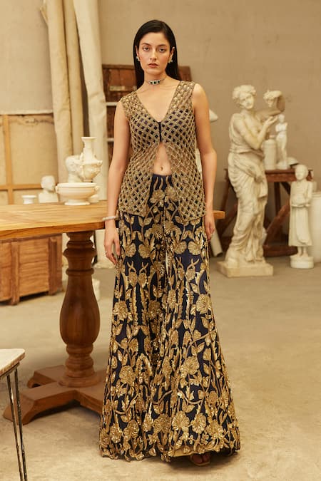 Mehul Gupta Gold Net Embroidery V-neck And Blue Hand Kurta Sharara Set at Aza Fashions Mehul Gupta_Gold Net Embroidery V-neck And Blue Hand Kurta Sharara Set _at_Aza_Fashions