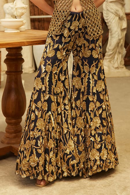 Buy Mehul Gupta Gold Net Embroidery V-neck And Blue Hand Kurta Sharara Set Buy_Mehul Gupta_Gold Net Embroidery V-neck And Blue Hand Kurta Sharara Set