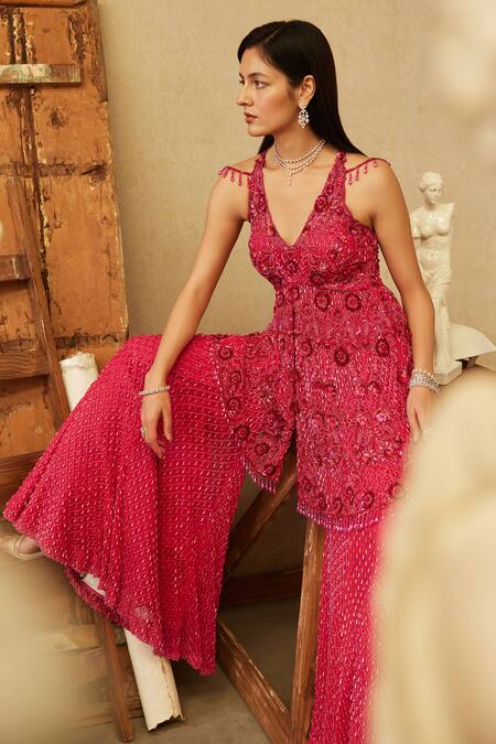 Mehul Gupta Hot Pink Hand Embroidered Kurta Sharara Set 