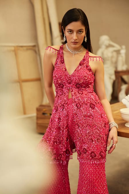 Buy_Mehul Gupta_Pink Net Sequins, Beads V-neck Hot Hand Embroidered Kurta Sharara Set _Online_at_Aza_Fashions