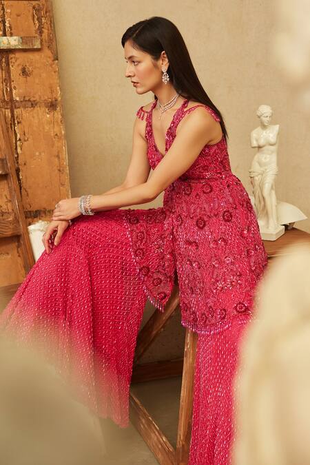 Mehul Gupta_Pink Net Sequins, Beads V-neck Hot Hand Embroidered Kurta Sharara Set _at_Aza_Fashions