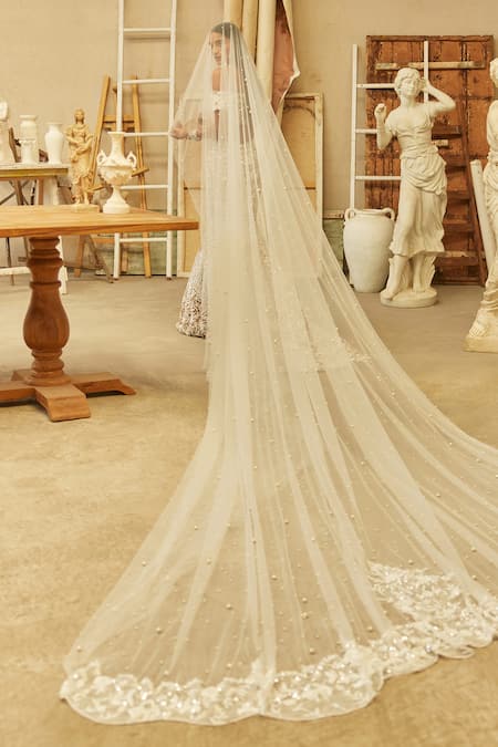 Mehul Gupta_Ivory Net Pearls, Embroidery Off-shoulder And Beige Hand Lehenga Set _Online_at_Aza_Fashions