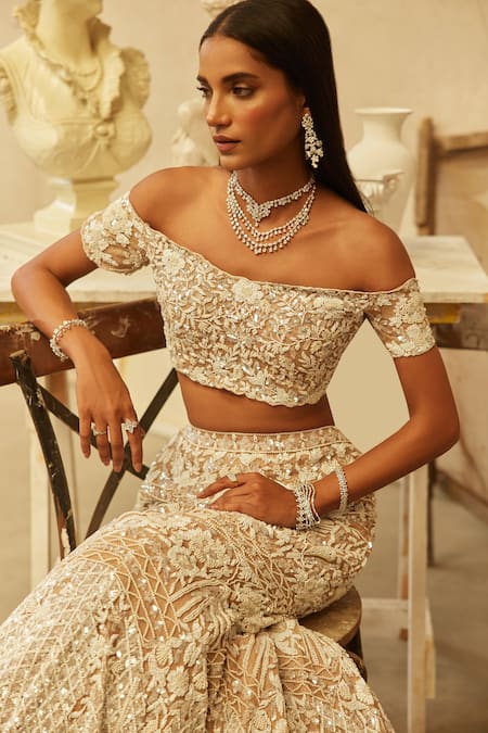 Buy_Mehul Gupta_Ivory Net Pearls, Embroidery Off-shoulder And Beige Hand Lehenga Set _Online_at_Aza_Fashions