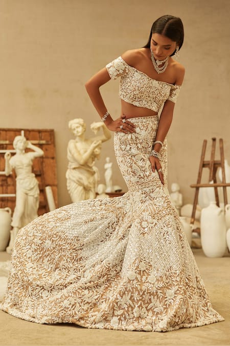 Shop_Mehul Gupta_Ivory Net Pearls, Embroidery Off-shoulder And Beige Hand Lehenga Set _Online_at_Aza_Fashions