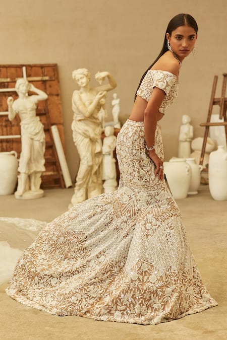 Mehul Gupta Ivory & Beige Hand Embroidered Lehenga Set 