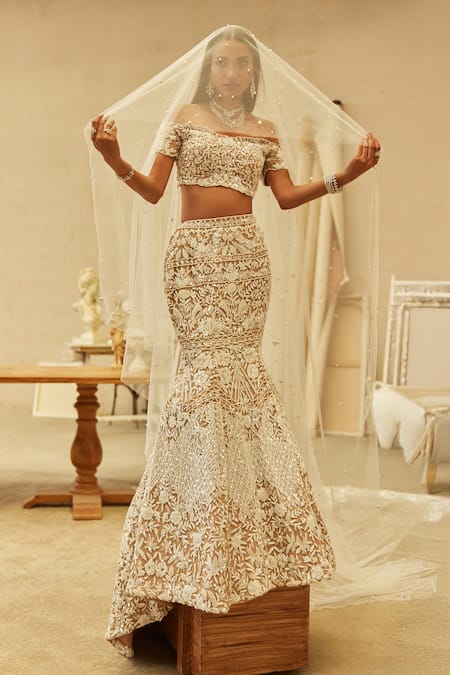 Mehul Gupta Ivory Net Pearls, Embroidery Off-shoulder And Beige Hand Lehenga Set