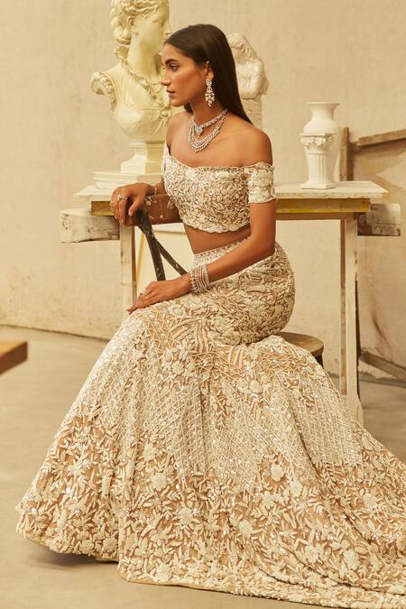 Mehul Gupta_Ivory Net Pearls, Embroidery Off-shoulder And Beige Hand Lehenga Set _at_Aza_Fashions