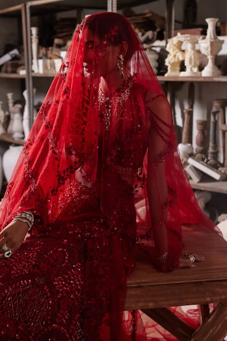 Mehul Gupta_Red Net Beads, Embroidery V-neck Hand Lehenga Set _Online_at_Aza_Fashions