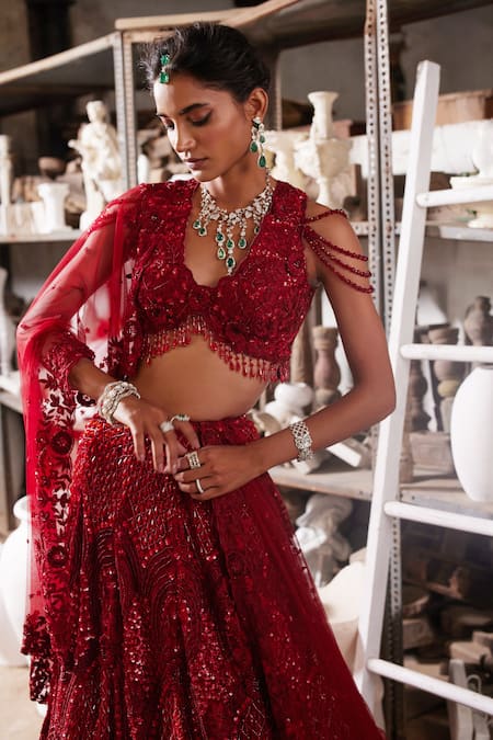 Buy_Mehul Gupta_Red Net Beads, Embroidery V-neck Hand Lehenga Set _Online_at_Aza_Fashions