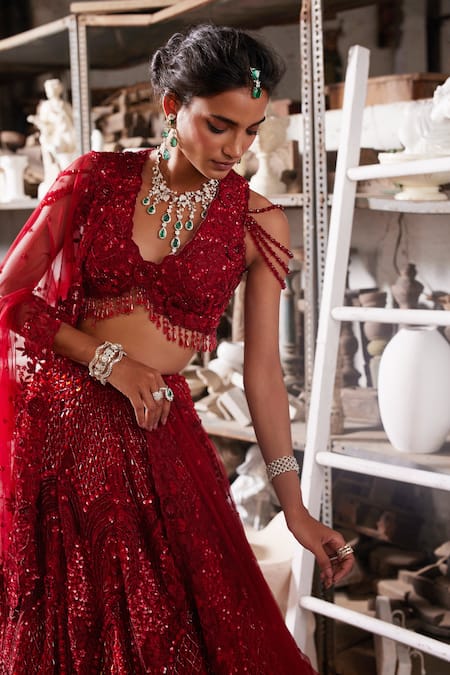 Shop_Mehul Gupta_Red Net Beads, Embroidery V-neck Hand Lehenga Set _Online_at_Aza_Fashions