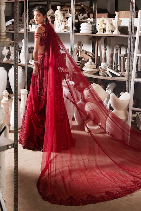 Mehul Gupta Red Hand Embroidered Lehenga Set 