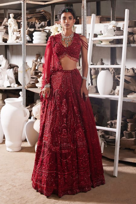 Mehul Gupta Red Net Beads, Embroidery V-neck Hand Lehenga Set