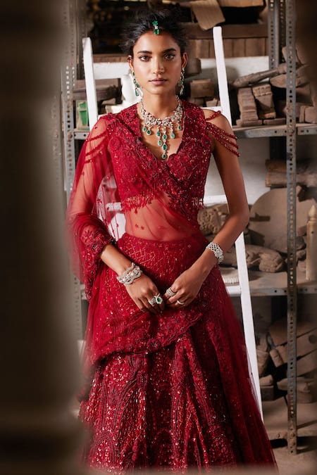 Mehul Gupta_Red Net Beads, Embroidery V-neck Hand Lehenga Set _at_Aza_Fashions