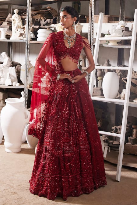Buy_Mehul Gupta_Red Net Beads, Embroidery V-neck Hand Lehenga Set 