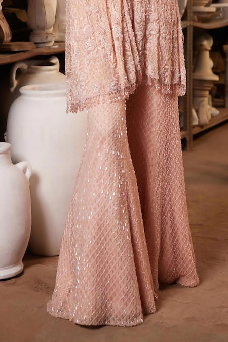 Mehul Gupta Pink Net Embroidery, Sequins Halter Neck Baby Hand Tunic Sharara Set Online at Aza Fashions Mehul Gupta_Pink Net Embroidery, Sequins Halter Neck Baby Hand Tunic Sharara Set _Online_at_Aza_Fashions