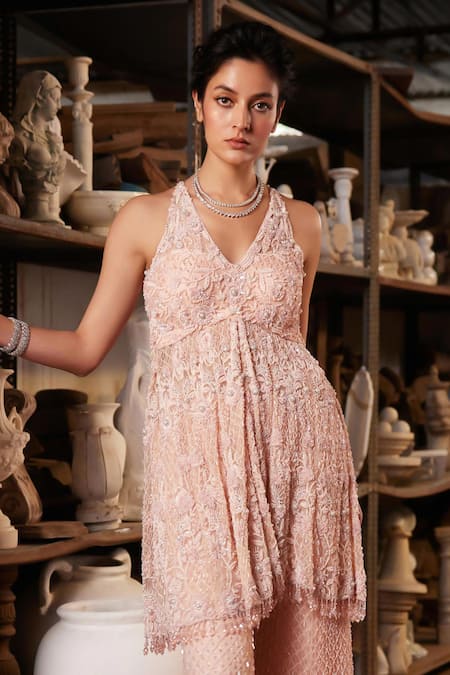 Buy Mehul Gupta Pink Net Embroidery, Sequins Halter Neck Baby Hand Tunic Sharara Set Online at Aza Fashions Buy_Mehul Gupta_Pink Net Embroidery, Sequins Halter Neck Baby Hand Tunic Sharara Set _Online_at_Aza_Fashions