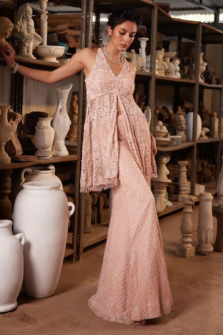 Shop Mehul Gupta Pink Net Embroidery, Sequins Halter Neck Baby Hand Tunic Sharara Set Online at Aza Fashions Shop_Mehul Gupta_Pink Net Embroidery, Sequins Halter Neck Baby Hand Tunic Sharara Set _Online_at_Aza_Fashions