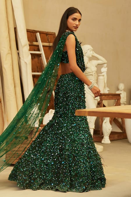 Mehul Gupta Green Hand Embroidered Lehenga Set 