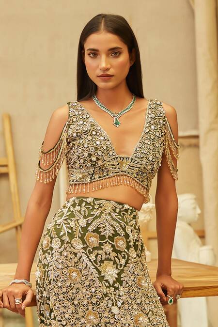 Mehul Gupta Gold Net Beads, Embroidery Plunge Neck And Olive Hand Skirt Set Online at Aza Fashions Mehul Gupta_Gold Net Beads, Embroidery Plunge Neck And Olive Hand Skirt Set _Online_at_Aza_Fashions