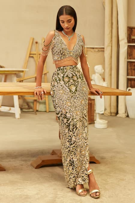 Mehul Gupta Gold & Olive Hand Embroidered Skirt Set 
