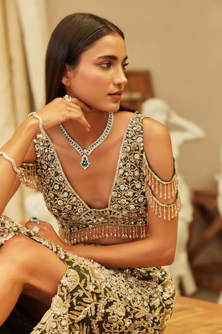 Buy Mehul Gupta Gold Net Beads, Embroidery Plunge Neck And Olive Hand Skirt Set Online at Aza Fashions Buy_Mehul Gupta_Gold Net Beads, Embroidery Plunge Neck And Olive Hand Skirt Set _Online_at_Aza_Fashions