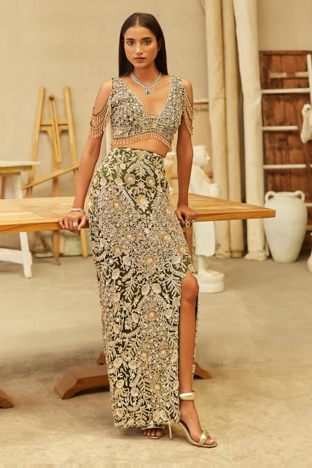 Mehul Gupta Gold Net Beads, Embroidery Plunge Neck And Olive Hand Skirt Set