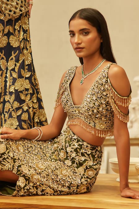 Mehul Gupta Gold Net Beads, Embroidery Plunge Neck And Olive Hand Skirt Set at Aza Fashions Mehul Gupta_Gold Net Beads, Embroidery Plunge Neck And Olive Hand Skirt Set _at_Aza_Fashions