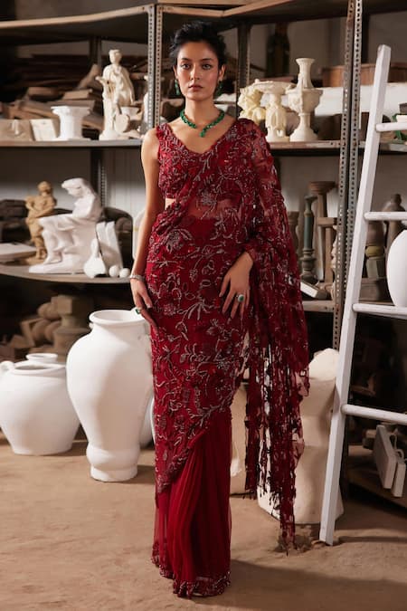 Mehul Gupta Red Hand Embroidered Pre-Draped Saree Set 