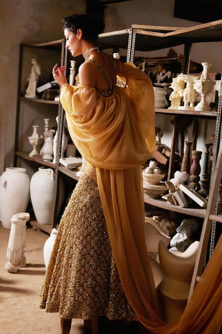 Mehul Gupta Gold Hand Embroidered Lehenga Set 