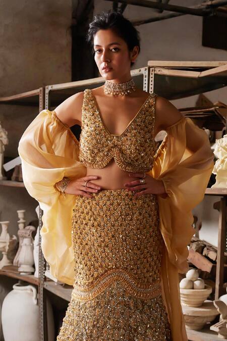 Mehul Gupta_Gold Net, Organza Beads, Sequins, Embroidery V-neck Hand Lehenga Set _Online_at_Aza_Fashions