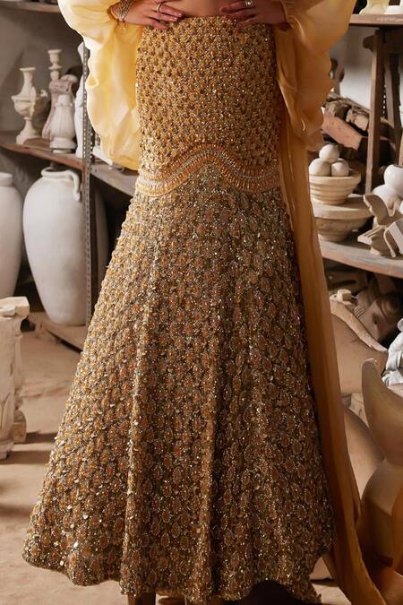 Shop_Mehul Gupta_Gold Net, Organza Beads, Sequins, Embroidery V-neck Hand Lehenga Set _Online_at_Aza_Fashions