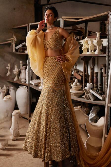 Mehul Gupta_Gold Net, Organza Beads, Sequins, Embroidery V-neck Hand Lehenga Set _at_Aza_Fashions