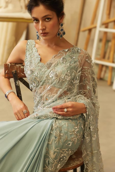 Shop_Mehul Gupta_Blue Organza, Georgette Sequins Ice Hand Embroidered Pre-draped Saree Set _Online_at_Aza_Fashions
