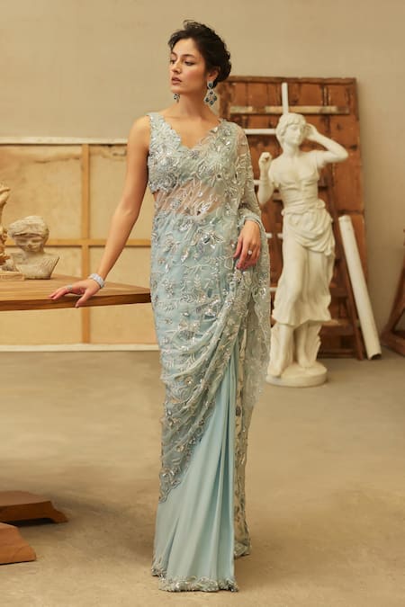 Mehul Gupta Ice Blue Hand Embroidered Pre-Draped Saree Set 