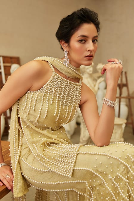 Buy_Mehul Gupta_Yellow Net Beads, Embroidery, Pearls Halter Neck Lemon Hand Tunic Sharara Set _Online_at_Aza_Fashions