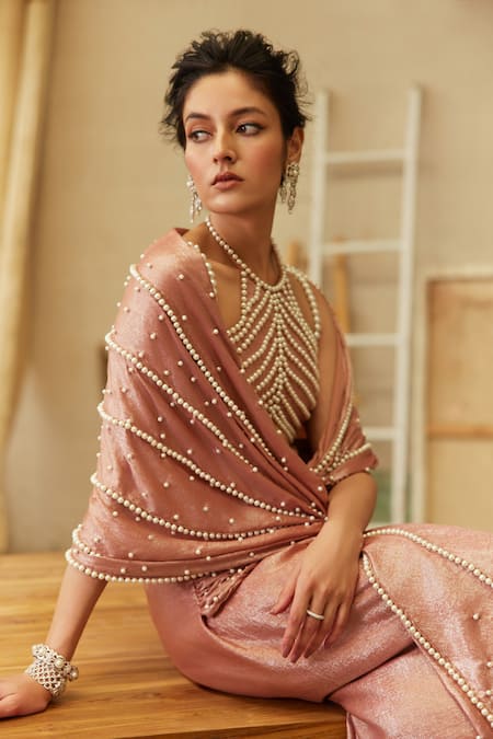 Mehul Gupta Pink Crepe Pearls Round Neck Rose Hand Embroidered Pre-draped Saree Online at Aza Fashions Mehul Gupta_Pink Crepe Pearls Round Neck Rose Hand Embroidered Pre-draped Saree _Online_at_Aza_Fashions