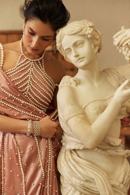 Buy Mehul Gupta Pink Crepe Pearls Round Neck Rose Hand Embroidered Pre-draped Saree Online at Aza Fashions Buy_Mehul Gupta_Pink Crepe Pearls Round Neck Rose Hand Embroidered Pre-draped Saree _Online_at_Aza_Fashions