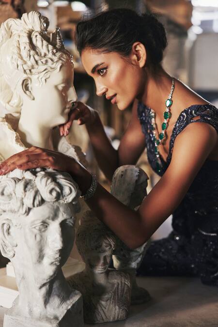 Mehul Gupta_Blue Net Sequins, Embroidery V-neck Navy Hand Jacket Tunic And Sharara Set _at_Aza_Fashions