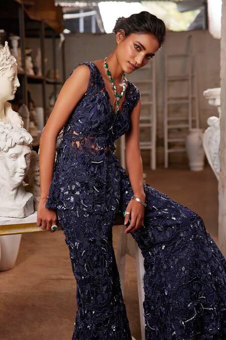 Buy_Mehul Gupta_Blue Net Sequins, Embroidery V-neck Navy Hand Jacket Tunic And Sharara Set 