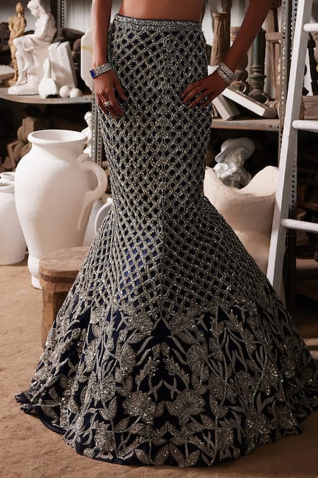 Shop_Mehul Gupta_Silver Net Sequins, Embroidery Sweetheart Neck And Blue Hand Lehenga Set _Online_at_Aza_Fashions