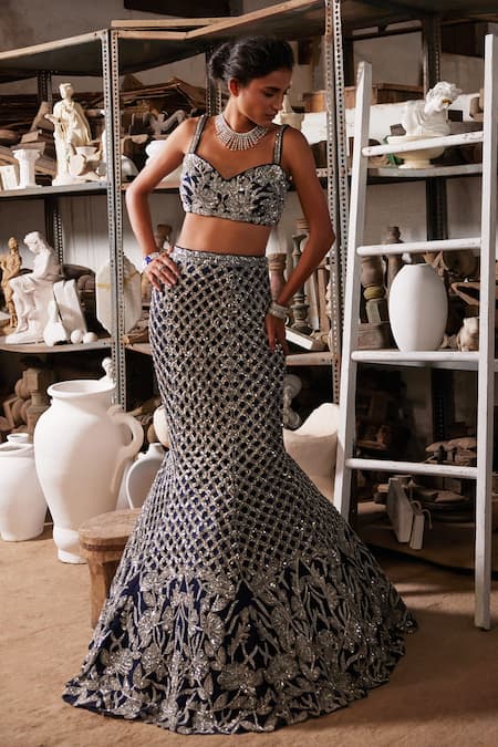 Mehul Gupta Silver & Blue Hand Embroidered Lehenga Set 