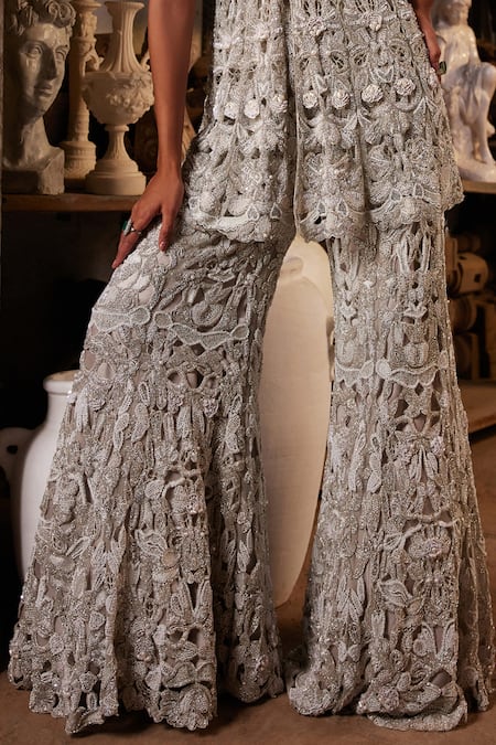 Buy_Mehul Gupta_Ivory Net Embroidery Halter Neck And Grey Hand Tunic Sharara Set 