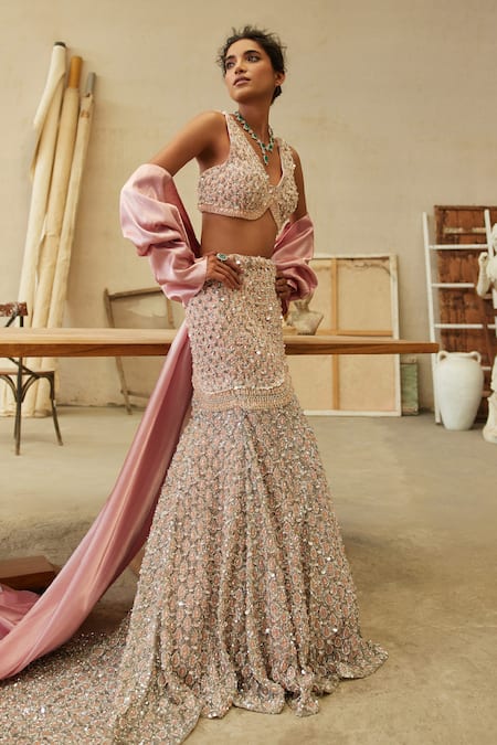 Buy_Mehul Gupta_Pink Net, Organza Sequins, Beads V-neck And Silver Hand Embroidered Designer Set _Online_at_Aza_Fashions