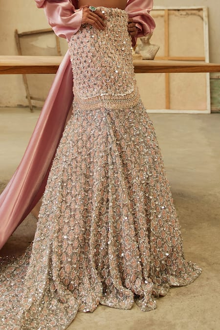 Shop_Mehul Gupta_Pink Net, Organza Sequins, Beads V-neck And Silver Hand Embroidered Designer Set _Online_at_Aza_Fashions