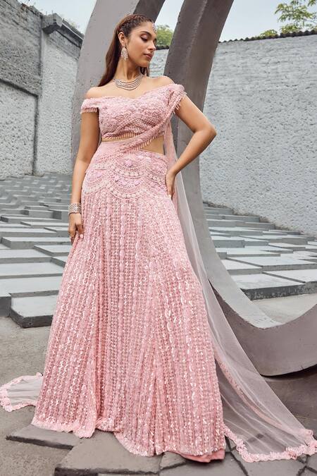 Mehul Gupta Pink Net, Lycra Sequins, Embroidery Off-shoulder Hand Lehenga Set Online at Aza Fashions Mehul Gupta_Pink Net, Lycra Sequins, Embroidery Off-shoulder Hand Lehenga Set _Online_at_Aza_Fashions