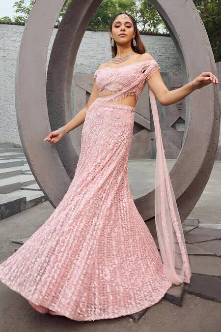 Buy Mehul Gupta Pink Net, Lycra Sequins, Embroidery Off-shoulder Hand Lehenga Set Online at Aza Fashions Buy_Mehul Gupta_Pink Net, Lycra Sequins, Embroidery Off-shoulder Hand Lehenga Set _Online_at_Aza_Fashions