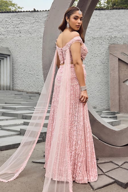 Mehul Gupta Pink Hand Embroidered Lehenga Set 